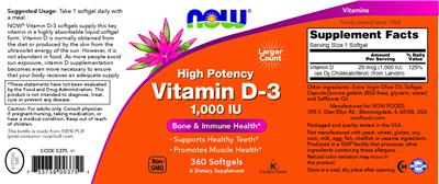 Photo of the NOW High Potency Vitamin D-3 1,000 IU label