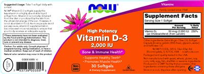 Photo of the NOW High Potency Vitamin D-3 2,000 IU label