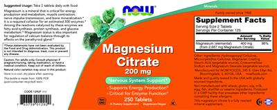 Photo of the NOW Magnesium Citrate 200 mg label