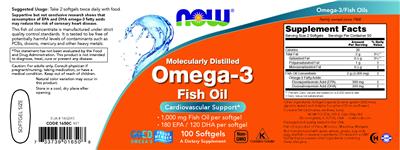 Photo of the NOW Molecularly Distilled Omega-3 Fish Oil label