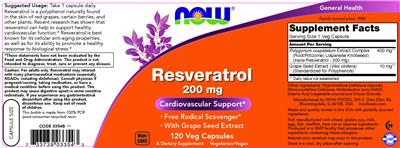 Photo of the NOW Resveratrol 200 mg label