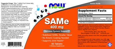 Photo of the NOW SAMe 400 mg label