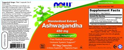 Photo of the NOW Standardized Extract Ashwagandha 450 mg label
