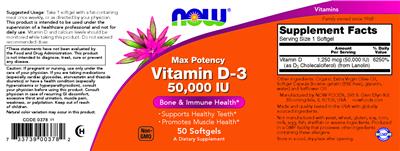 Photo of the NOW Vitamin D-3 50,000 IU label