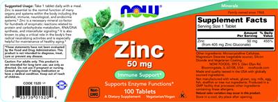 Photo of the NOW Zinc 50 mg label