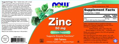 Photo of the NOW Zinc 50 mg label