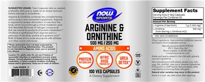 Photo of the NOW Sports Arginine & Ornithine 500 mg / 250 mg label