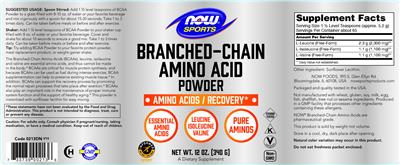 Photo of the NOW Sports Branched-Chain Amino Acid Powder label