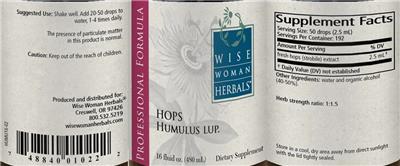 Photo of the Wise Woman Herbals Hops Humulus Lup. label