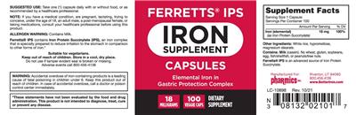 Photo of the Pharmics Ferretts IPS Iron Supplement Capsules 18 mg label