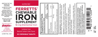 Photo of the Pharmics Ferretts Chewable Iron Supplement 18 mg Natural Lemon-Lime Flavor label