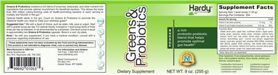 Photo of the Hardy Nutritionals Greens & Probiotics Powder label