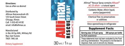 Photo of the Allimax Nutraceuticals US Rescue Spray label