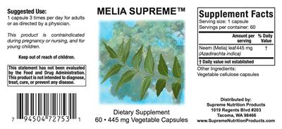 Photo of the Supreme Nutrition Products Melia Supreme 445 mg label