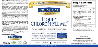 Photo of the Premium Certified Liquid Chlorophyll MD label