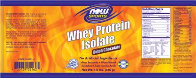 Photo of the NOW Sports Whey Protein Isolate Dutch Chocolate label
