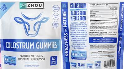 Photo of the ZHOU Colostrum Gummies Natural Peach Flavor label