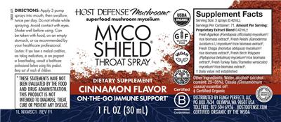Photo of the Host Defense Mushrooms Myco Shield Throat Spray Cinnamon Flavor label