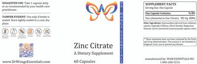 Photo of the Dr. Wong's Essentials Zinc Citrate label