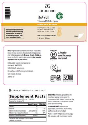 Photo of the Arbonne BeWell Vitamin D3 & K2 Spray Pineapple Flavor label