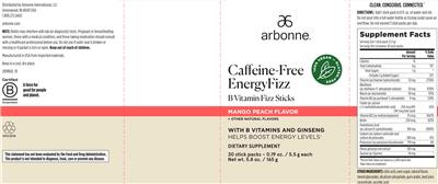 Photo of the Arbonne Caffeine-Free EnergyFizz Mango Peach Flavor label