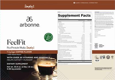 Photo of the Arbonne FeelFit Pea Protein Shake Simply1 Coffee Flavor label