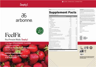 Photo of the Arbonne FeelFit Pea Protein Shake Simply1 Strawberry Flavor label