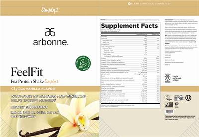 Photo of the Arbonne FeelFit Pea Protein Shake Simply1 Vanilla Flavor label
