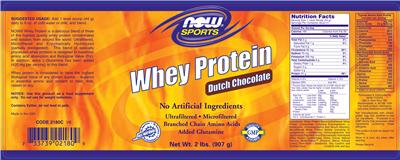 Photo of the NOW Sports Whey Protein Dutch Chocolate label