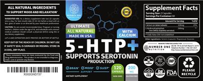 Photo of the Number One Nutrition 5HTP+ 200 mg label