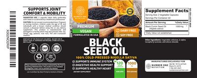 Photo of the Number One Nutrition Black Seed Oil 1000 mg label