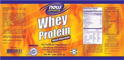 Photo of the NOW Sports Whey Protein Dutch Chocolate label