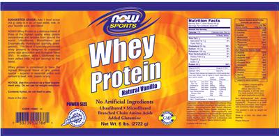 Photo of the NOW Sports Whey Protein Natural Vanilla label