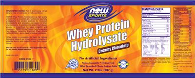 Photo of the NOW Sports Whey Protein Hydrolysate Creamy Chocolate label