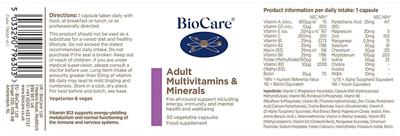 Photo of the BioCare Adult Multivitamins & Minerals label