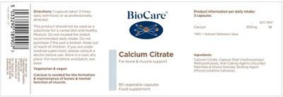 Photo of the BioCare Calcium Citrate label