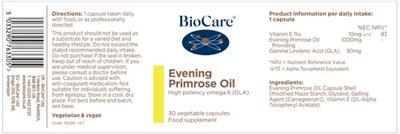 Photo of the BioCare Evening Primrose Oil label