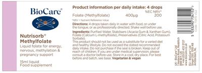 Photo of the BioCare Nutrisorb Methylfolate label