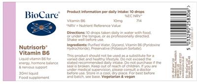 Photo of the BioCare Nutrisorb Vitamin B6 label