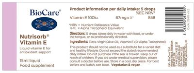 Photo of the BioCare Nutrisorb Vitamin E label
