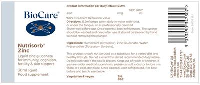 Photo of the BioCare Nutrisorb Zinc label