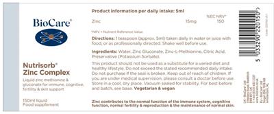 Photo of the BioCare Nutrisorb Zinc Complex label