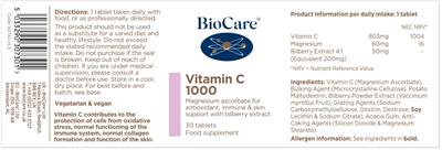 Photo of the BioCare Vitamin C 1000 label