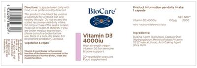 Photo of the BioCare Vitamin D3 4000 IU label