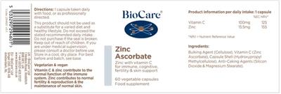 Photo of the BioCare Zinc Ascorbate label