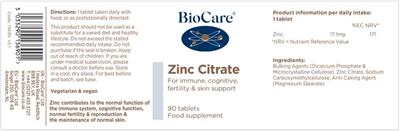Photo of the BioCare Zinc Citrate label