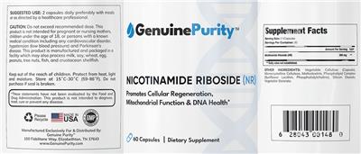 Photo of the GenuinePurity Nicotinamide Riboside (NR) label