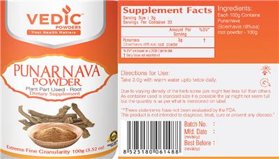 Photo of the Vedic Powders Punarnava Powder label