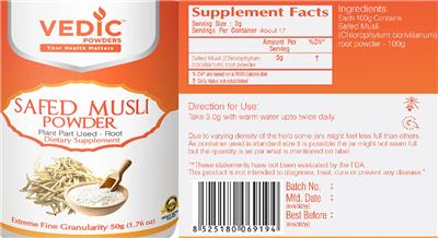 Photo of the Vedic Powders Safed Musli Powder label