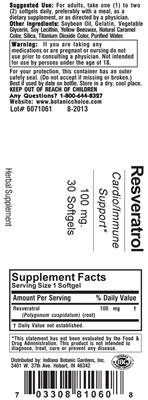 Photo of the Indiana Botanic Gardens Resveratrol 100 mg label